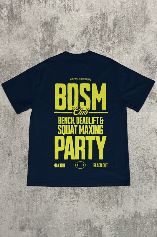 MIDPHYSIQ MID PHYSIQUE BENCH DEADLIFT AND SQUAT MAXING CLUB TSHIRT, BDSM PARTY, BLUE PUMP COVER WITH LIME TEXT