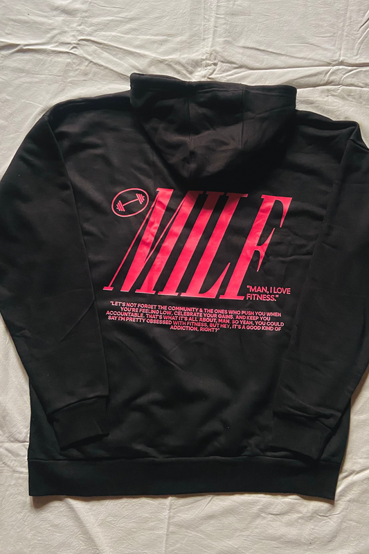 MILF gym Hoodie back, Pink on Black. Flatlay, workout wear pump cover, man i love fitness.