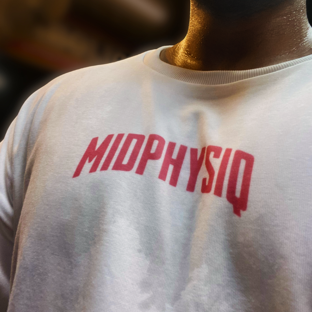 Midphysiq In Glutopia we Thrust oversized White/Pink Tshirt in front logo