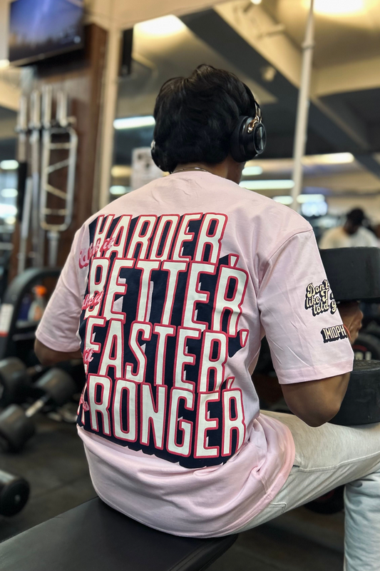 Midphysiq mid physique kanye west themed stronger oversized gym tshirt, back view in the gym