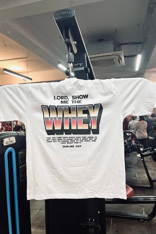 midphysiq lord show me the whey oversized gym tshirt pump cover white, bold text tshirt, metallic gradient text.